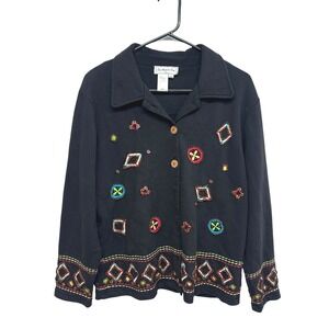 Black Embroidered Beaded Cardigan Jacket Boho Artsy Eclectic Indie‎ Statement M